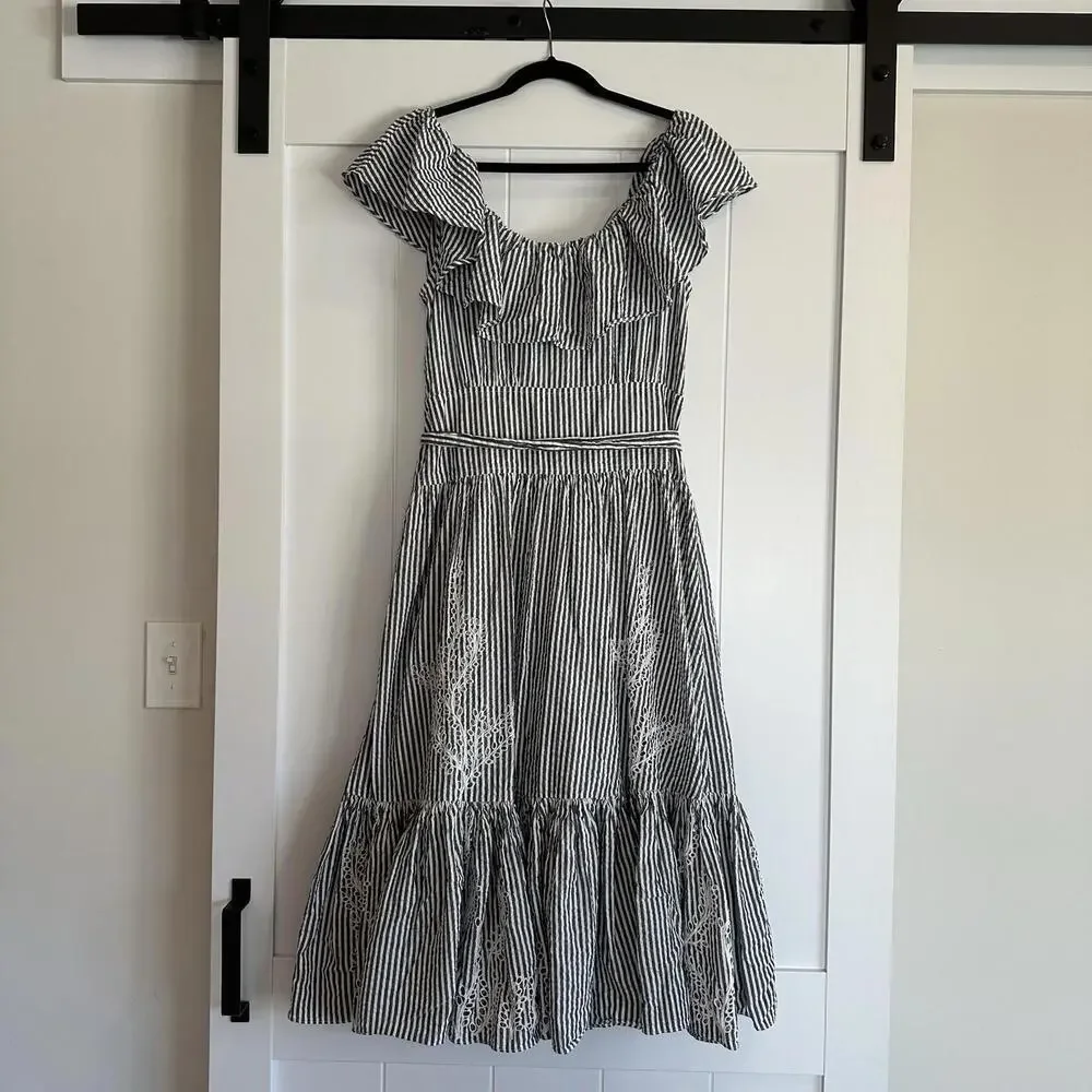 TORY BURCH Eyelet Seersucker Midi Dress Size 10 - Picture 7 of 9